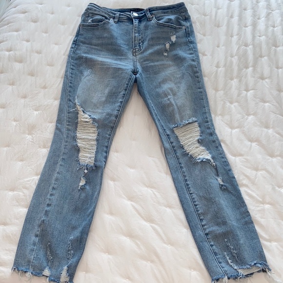 Risen Denim - Light Wash Risen Distressed Straight Leg Jeans